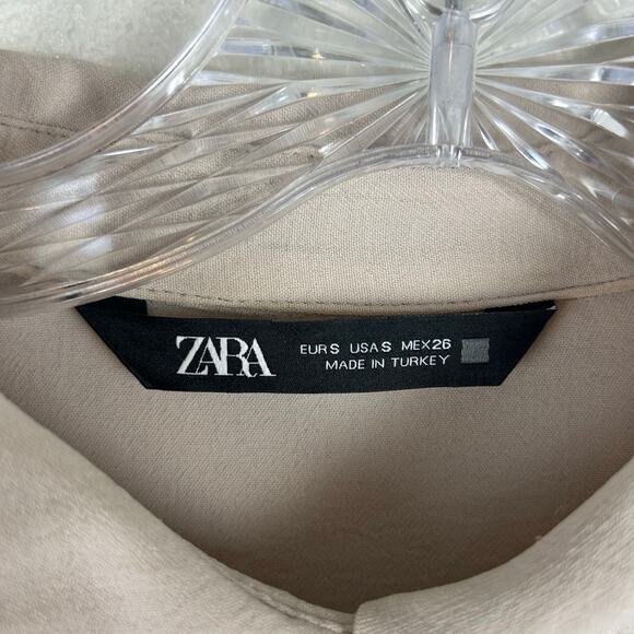 Zara Belted Shirt Dress Size Small Tan Short Dolman Sleeve Ruched Side Waist - Picture 3 of 6